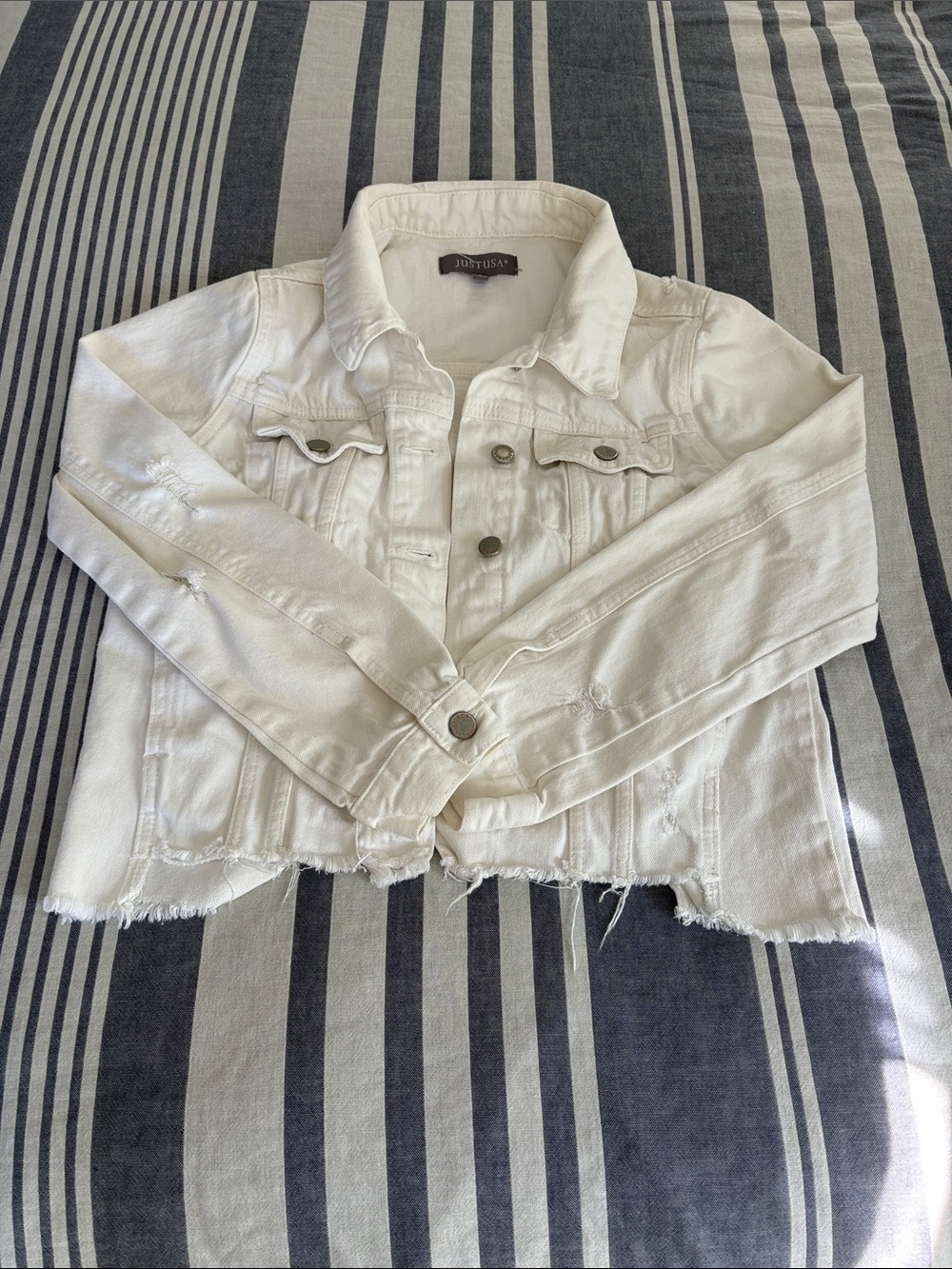 Just USA White Cropped Distressed Denim Jacket